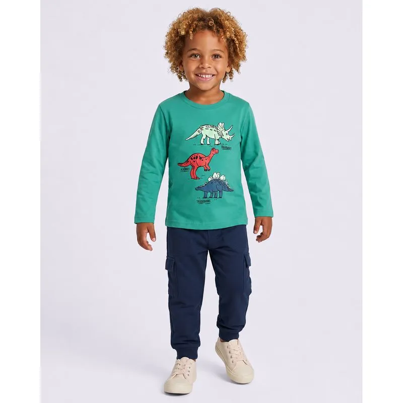 Camiseta Bebê Algodão Manga Longa Dinossauro Verde 1