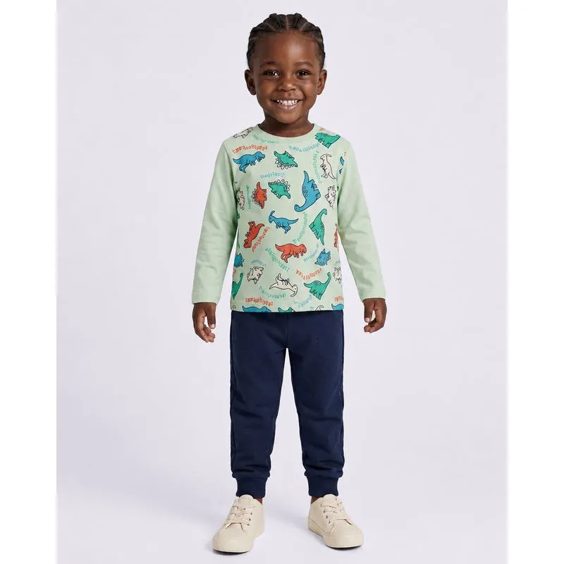 Camiseta Bebê Algodão Manga Longa Dinossauro Verde 1
