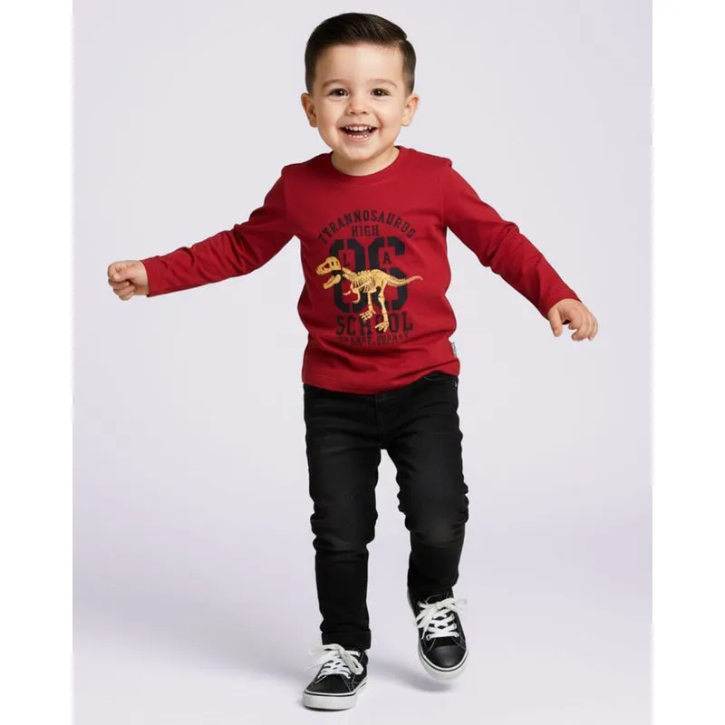 Camiseta Bebê Manga Longa Algodão Estampa Dinossauro Vermelha 1
