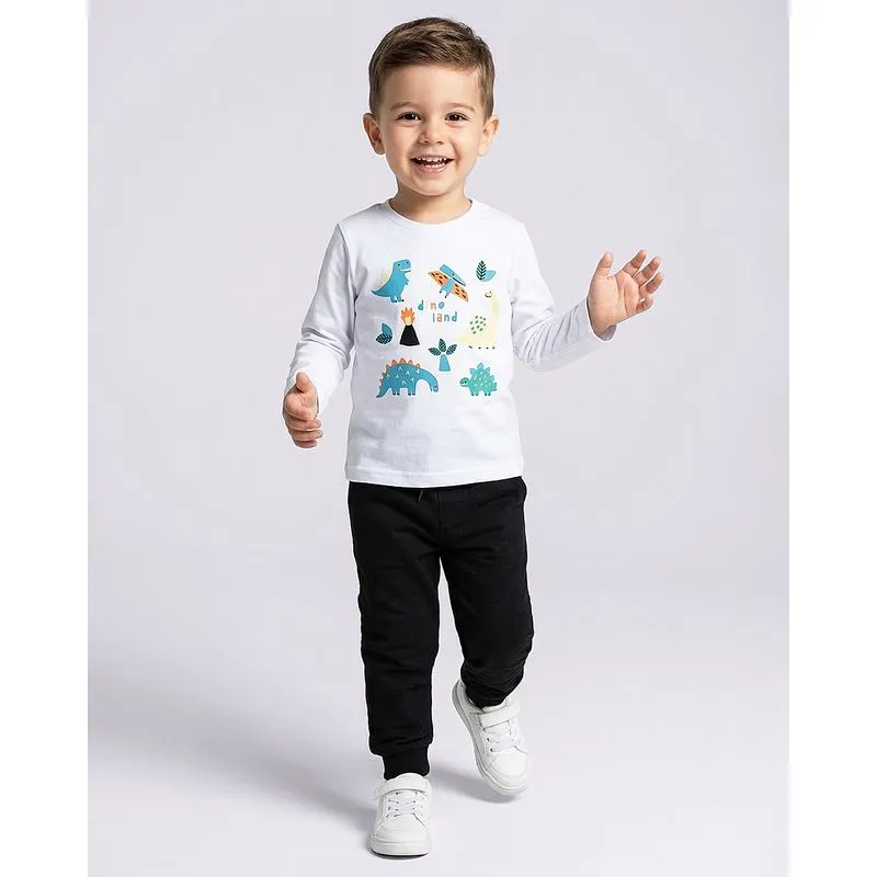 Camiseta Bebê Algodão Manga Longa Dinossauro Branco 1