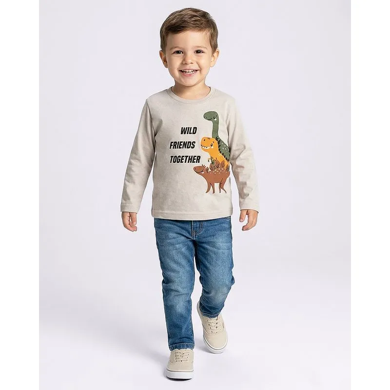 Camiseta Bebê Algodão Manga Longa Dinossauro Bege 1