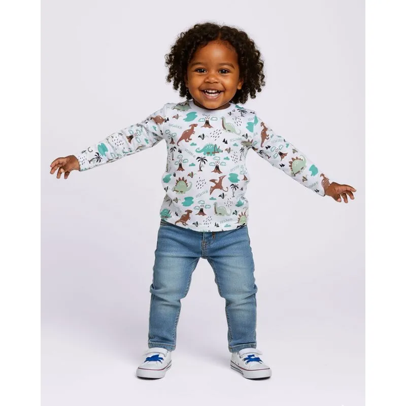 Camiseta Bebê Algodão Estampado Dinossauros Manga Longa Branco 2
