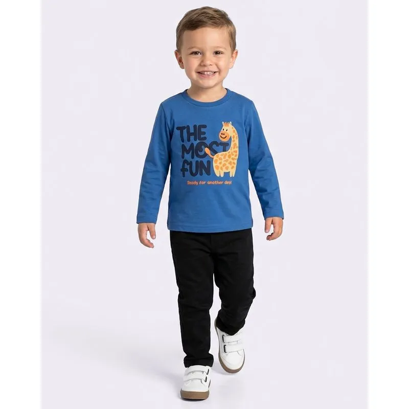 Camiseta Bebê Algodão Estampa Girafa Manga Longa Azul 2