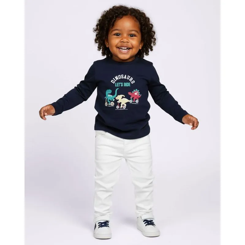 Camiseta Bebê Algodão Estampa Dinossauro Manga Longa Marinho 1