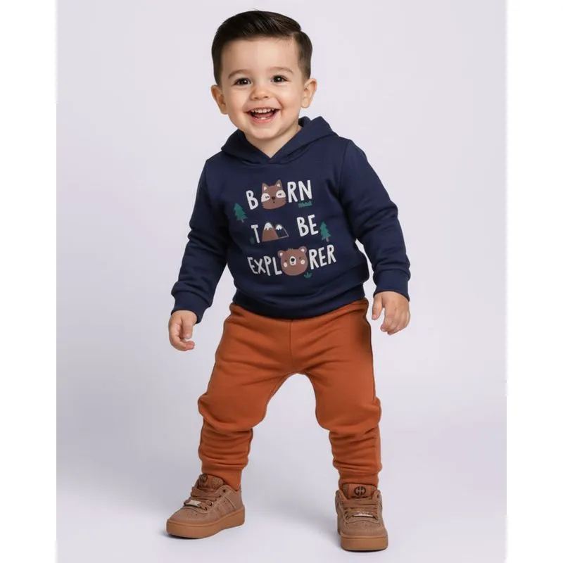 Conjunto Moletom Bebê Estampa Raposa com Capuz Marinho 1