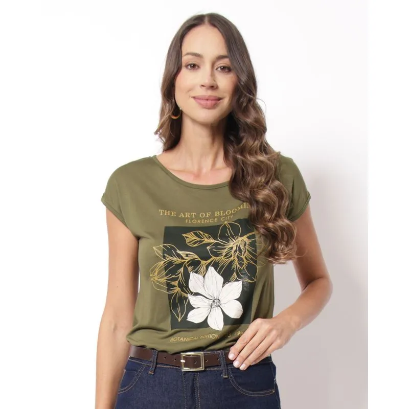 Blusa Feminina Viscose Estampa Floral Manga Curta Verde UN