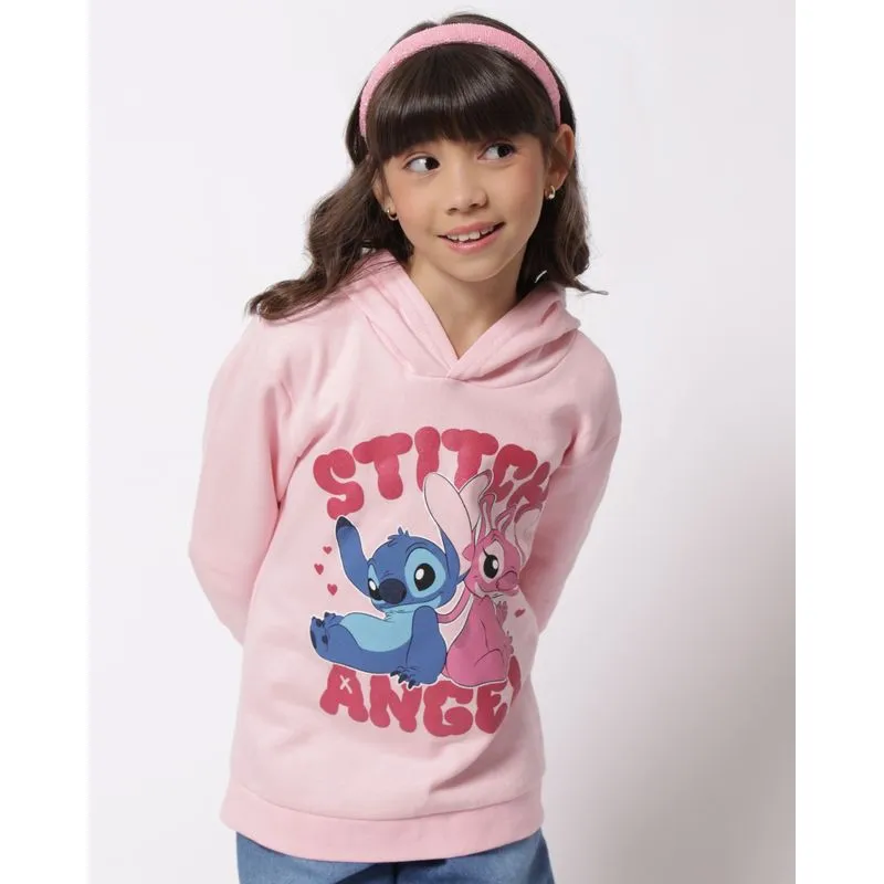 Blusão Moletom Infantil Algodão com Capuz Disney Stitch e Angel Rosa 12