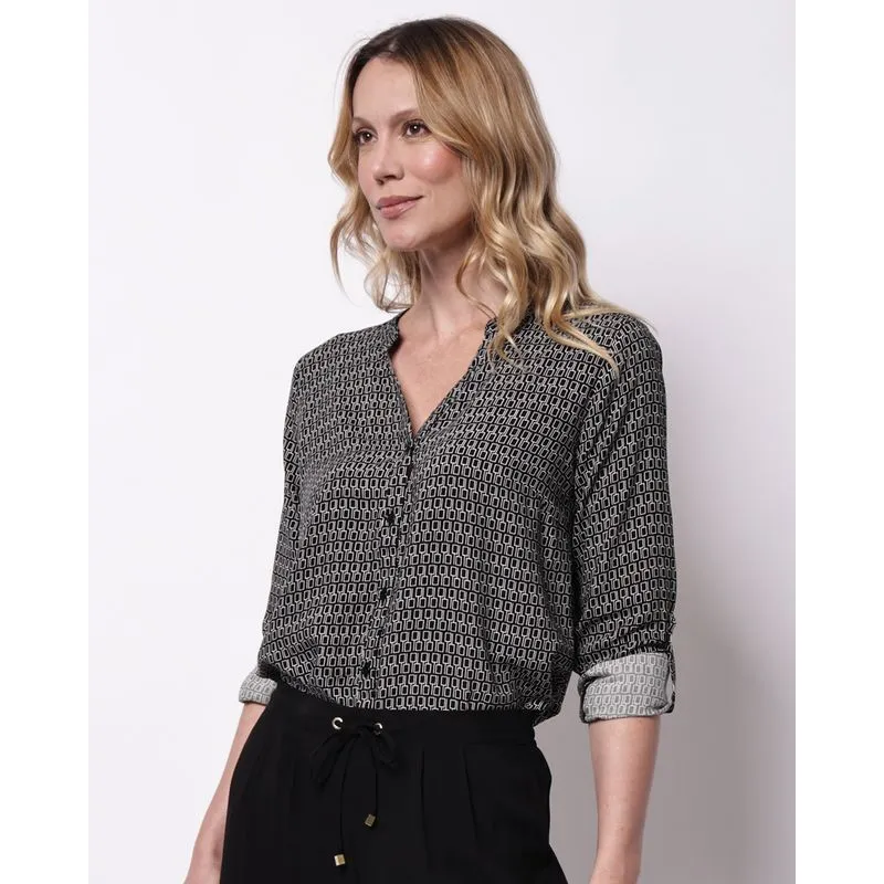 Camisa Feminina Berry & Co. Viscose Estampada Preta M