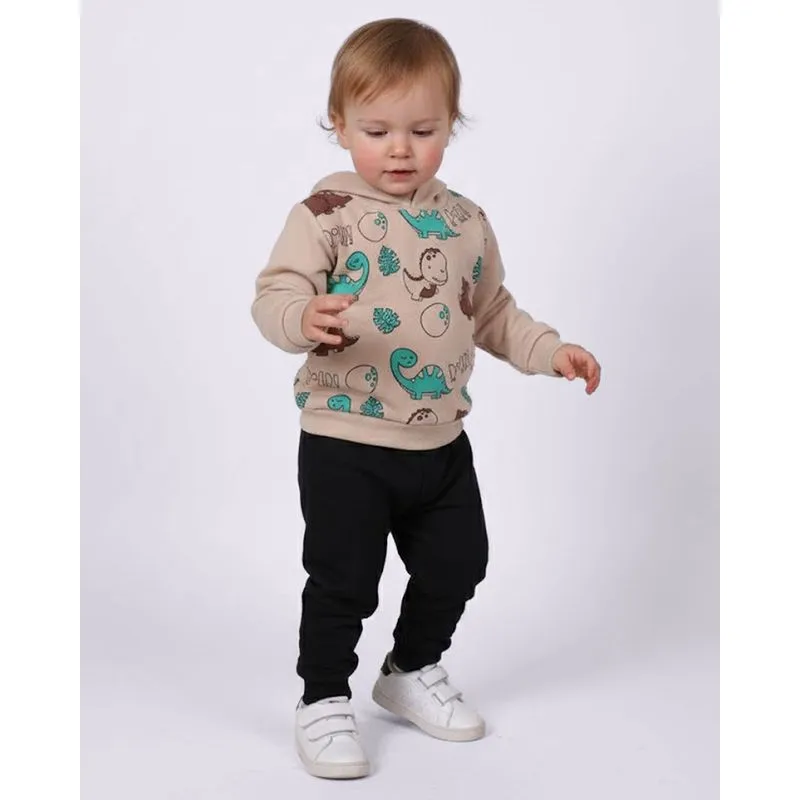 Conjunto Moletom Bebê com Capuz Dinossauros Bege 3