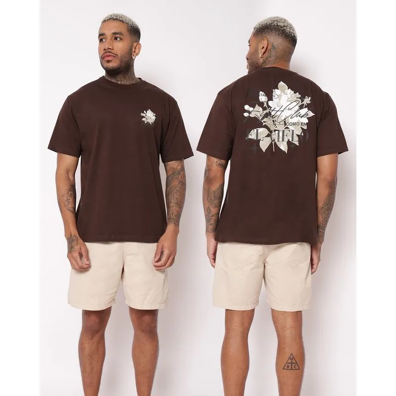 Camiseta Masculina Algodão Estampa Frontal E Costas Manga Curta Marrom GG