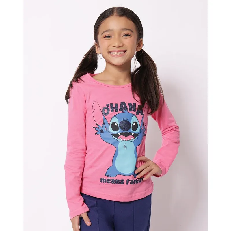 Camiseta Infantil Disney Stitch Manga Longa Rosa 8