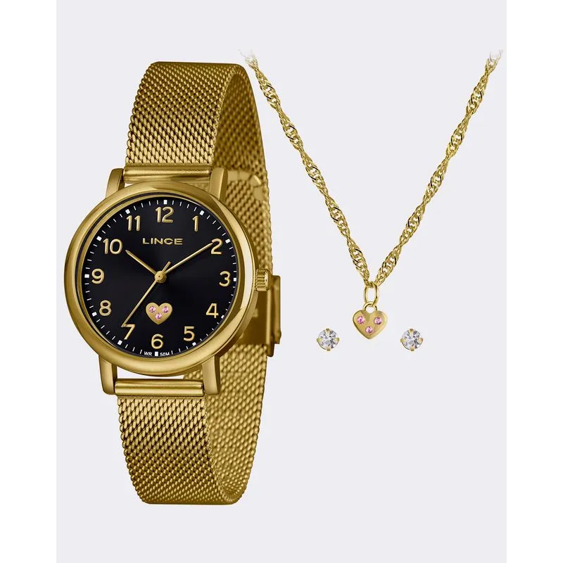 Kit Relógio Feminino Lince com Colar e Brinco Dourado UN