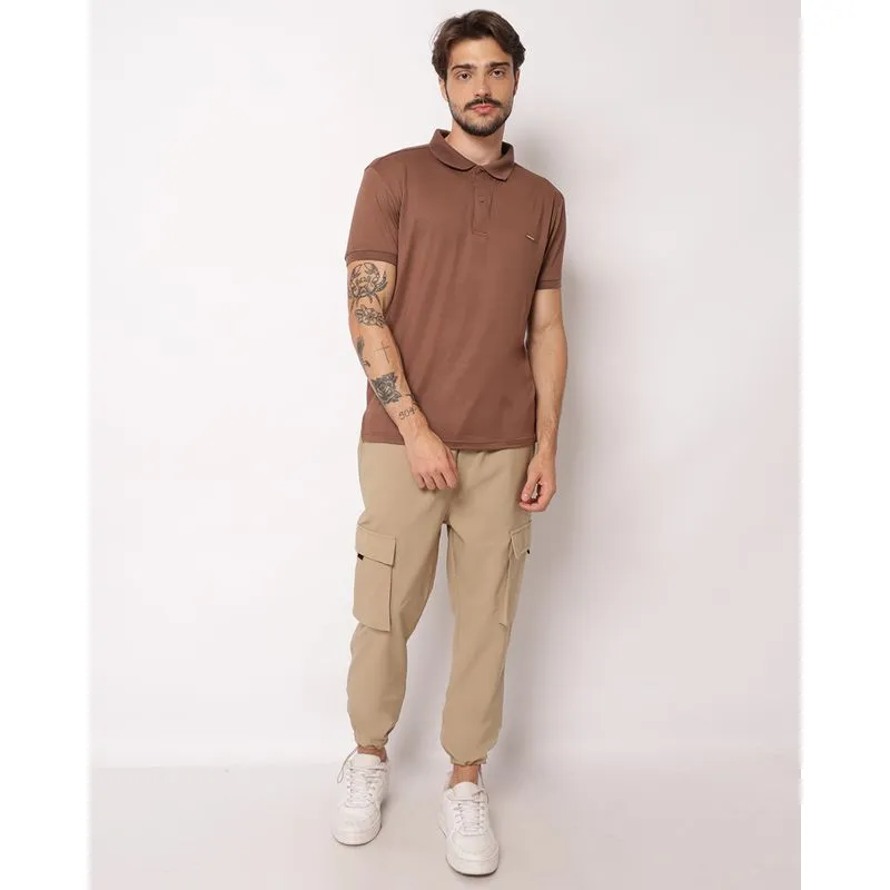 Calça Sarja Masculina Jogger com Bolsos Cargo Elástico e Cordão Bege 42