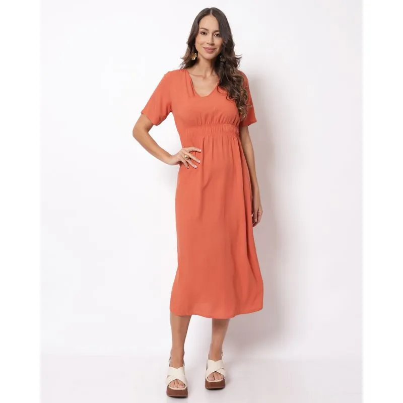Vestido Feminino Berry & Co. Midi Viscose Terracota G