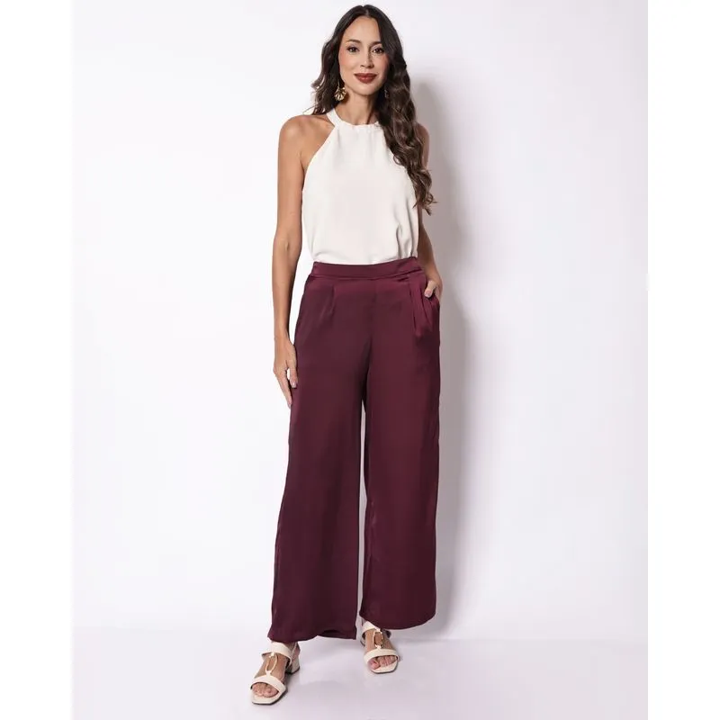 Calça Feminina Berry & Co. Reta Acetinada Vinho G