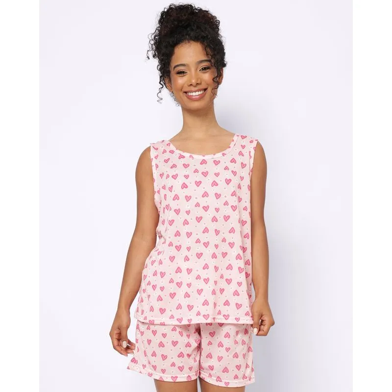 Pijama Feminino Regata Curto Estampado Corações Rosa G