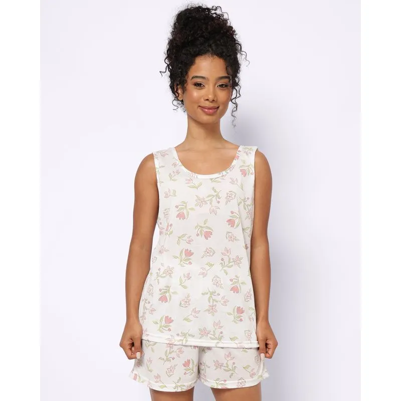 Pijama Feminino Regata Curto Estampado Floral Branco M