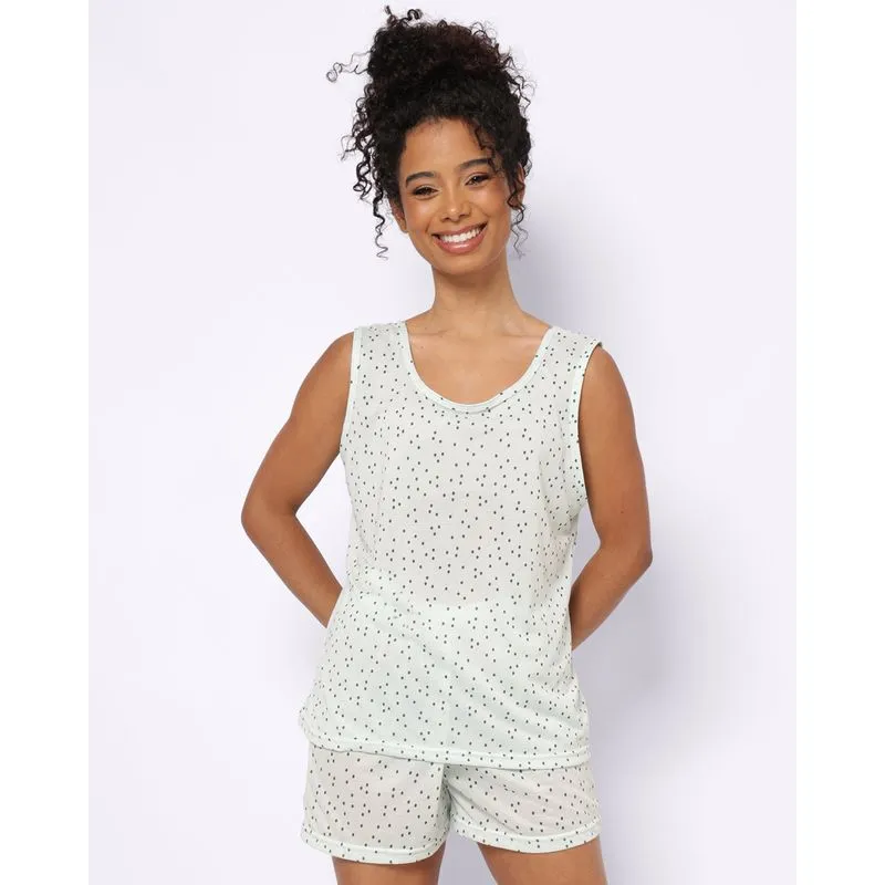 Pijama Feminino Regata Curto Estampado Poá Verde M