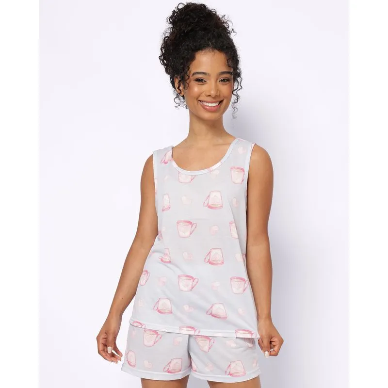 Pijama Feminino Regata Curto Estampado Xícaras Azul P