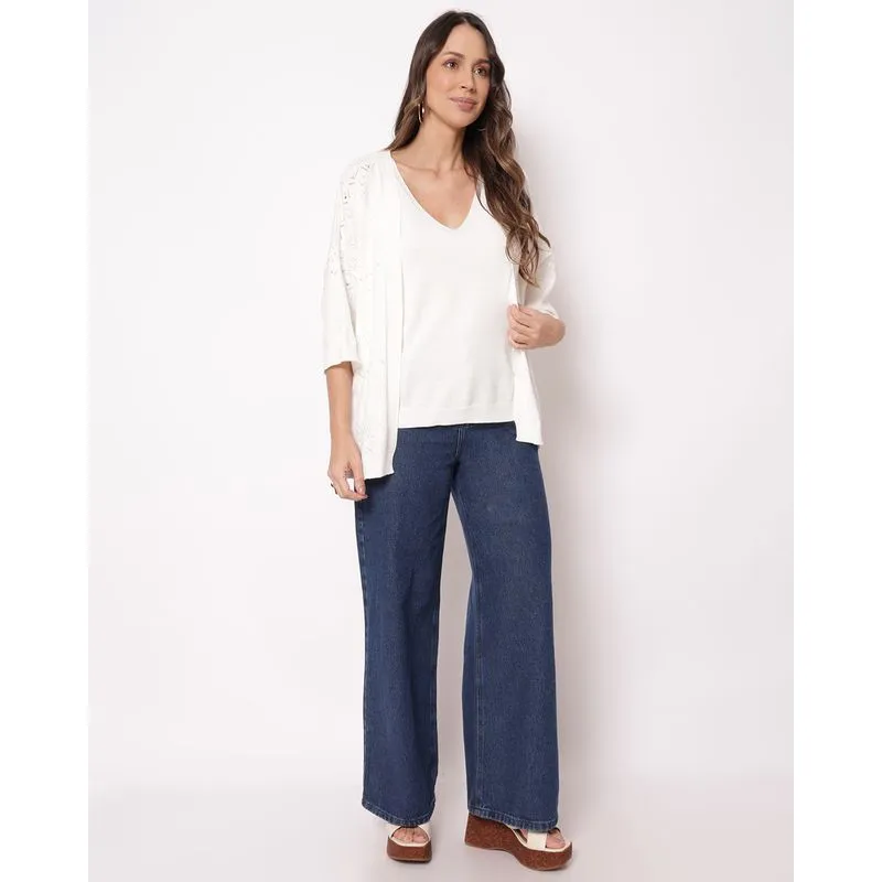 Cardigan Feminina Tricô Maquinetado Off White P