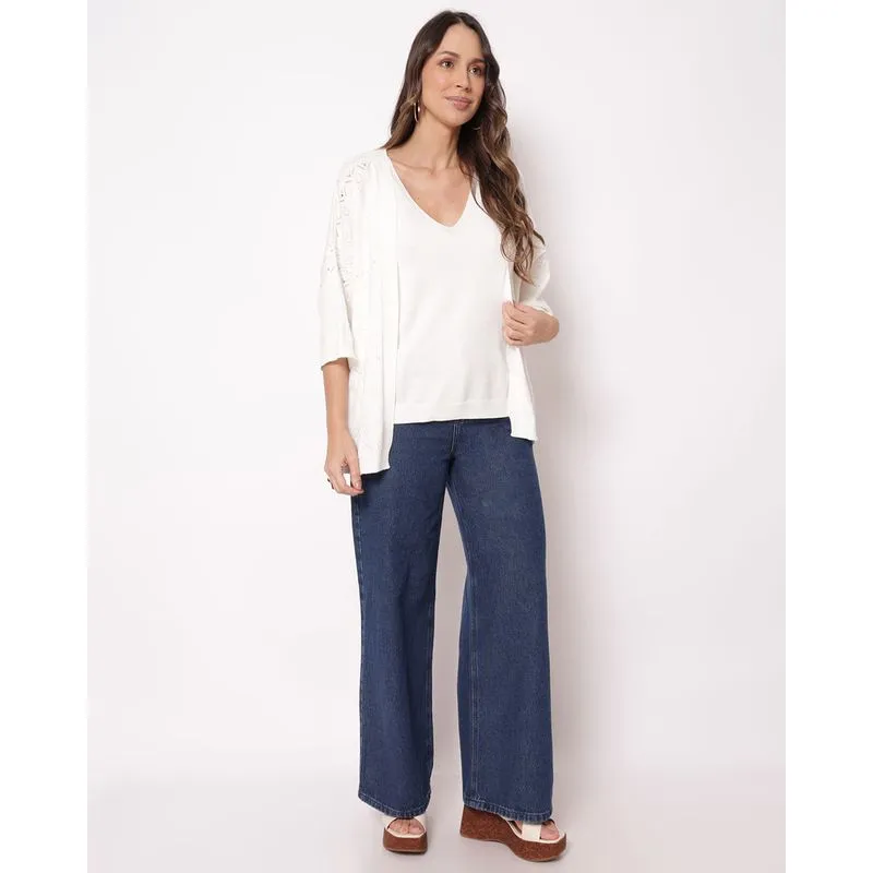 Cardigan Feminina Tricô Maquinetado Off White M