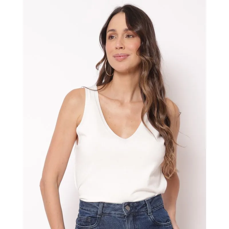 Regata Feminina Tricô Decote V Off White G