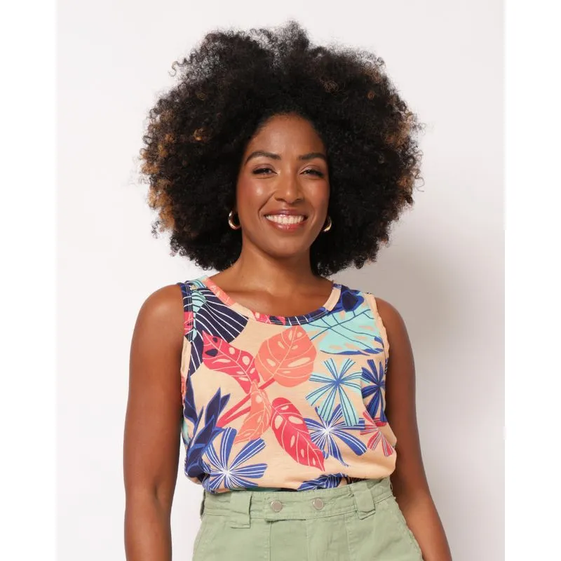 Regata Feminina Estampada Floral Bege G