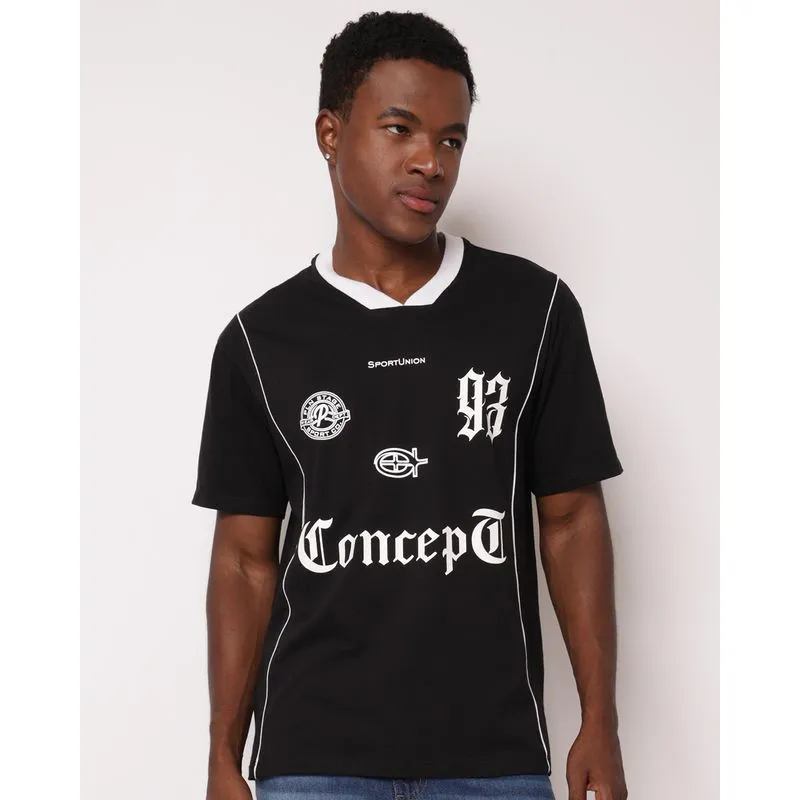 Camiseta Masculina Algodão Estampa Frontal Manga Curta Preta XGG