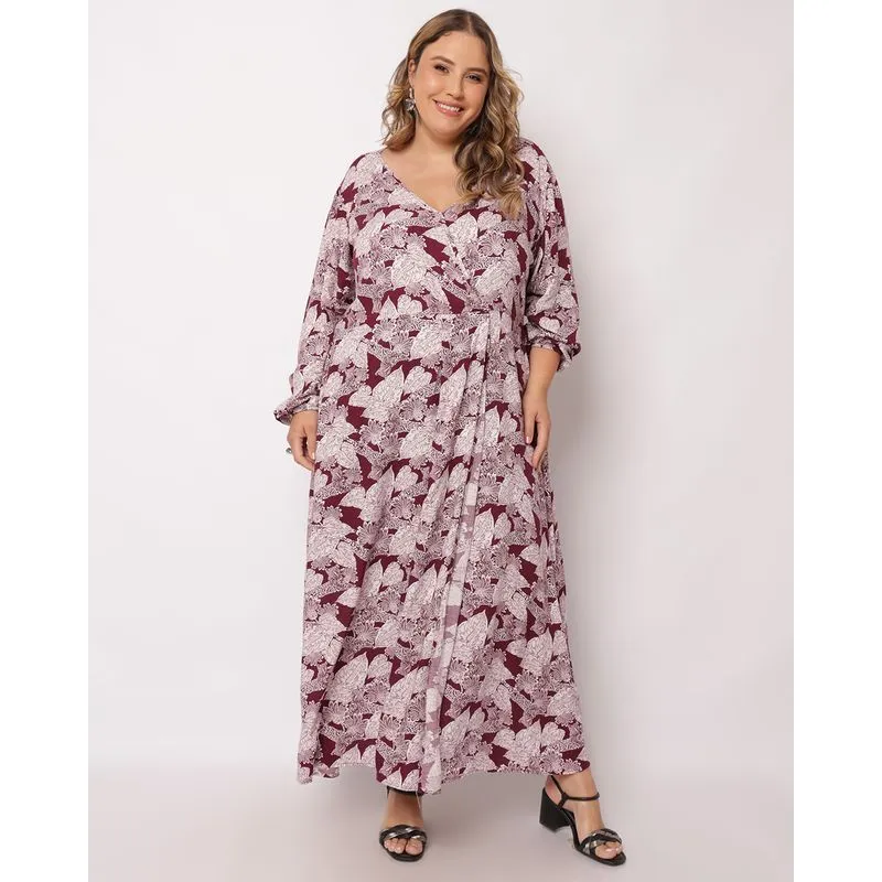 Vestido Feminino Plus Size Berry & Co. Longo Viscose Estampado Vinho G3
