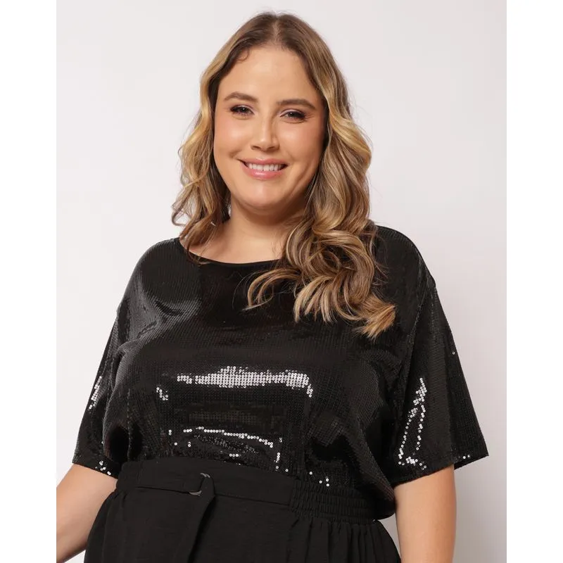 Blusa Plus Size Feminina Paetê Frontal Berry & Co. Preta G1