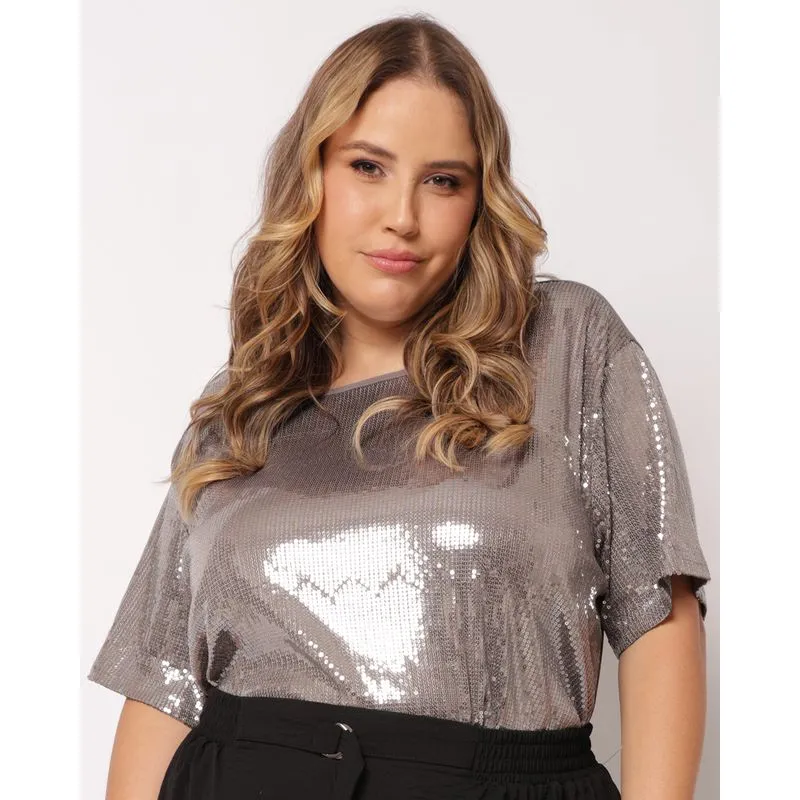 Blusa Plus Size Feminina Paetê Frontal Berry & Co. Cinza G1
