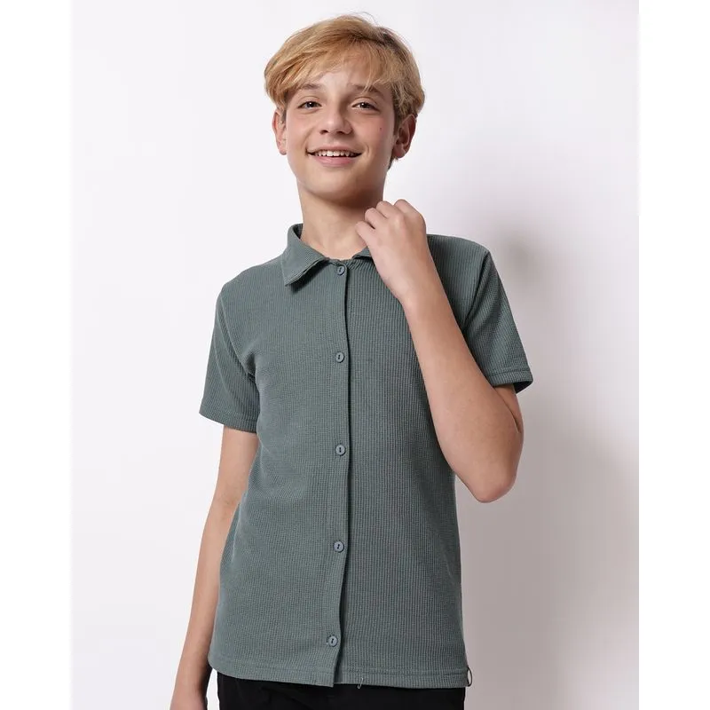 Camisa Polo Juvenil Texturizada com Botões Verde 12