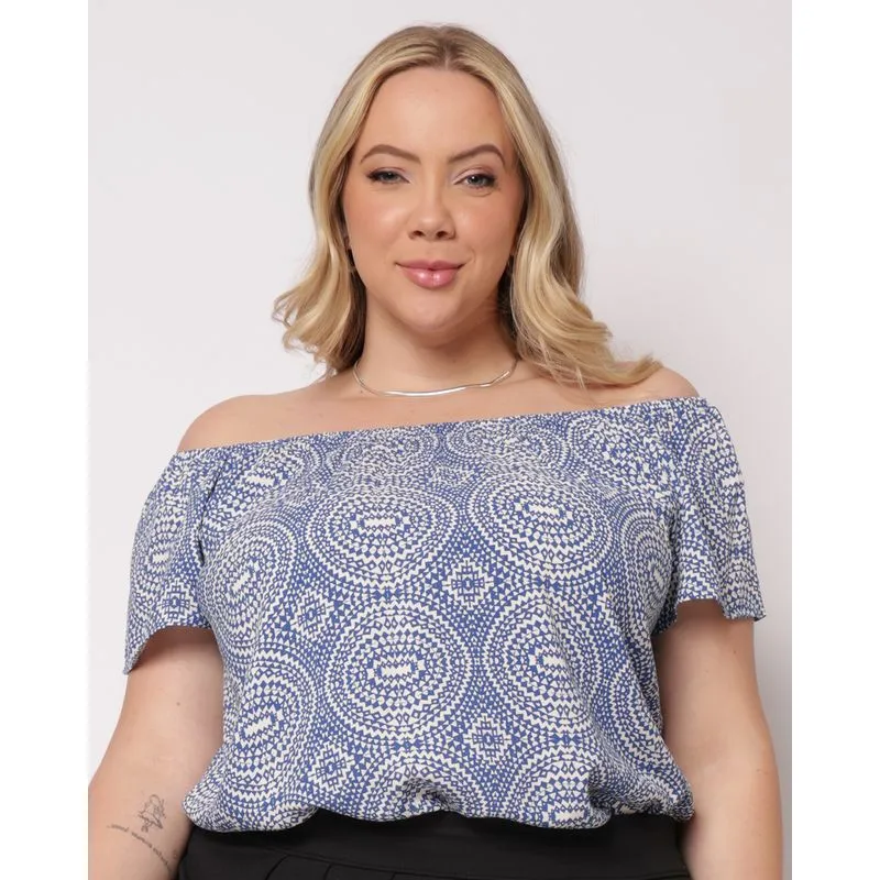 Blusa Plus Size Feminina Berry & Co. Viscose Ciganinha Estampado Azul G3