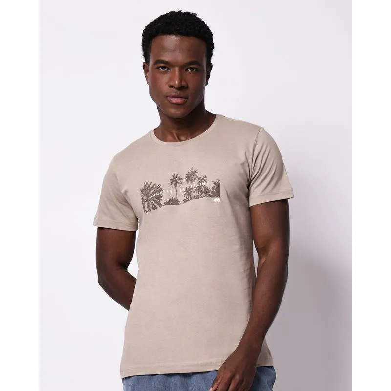 Camiseta Masculina Algodão Estampa Tropical Manga Curta Bege G