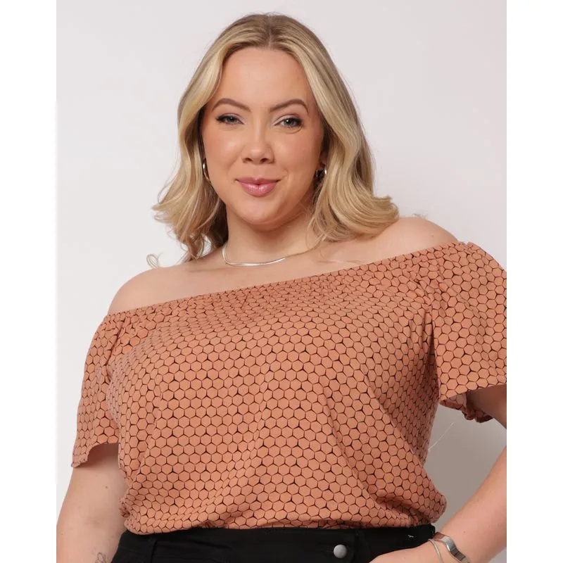 Blusa Plus Size Feminina Berry & Co. Viscose Ciganinha Marrom G1