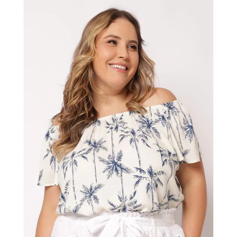 Blusa Plus Size Feminina Berry & Co. Viscose Ciganinha Estampada Branca G2