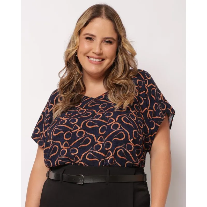 Blusa Plus Size Feminina Berry & Co. Viscose Manga Morcego Marinho G2