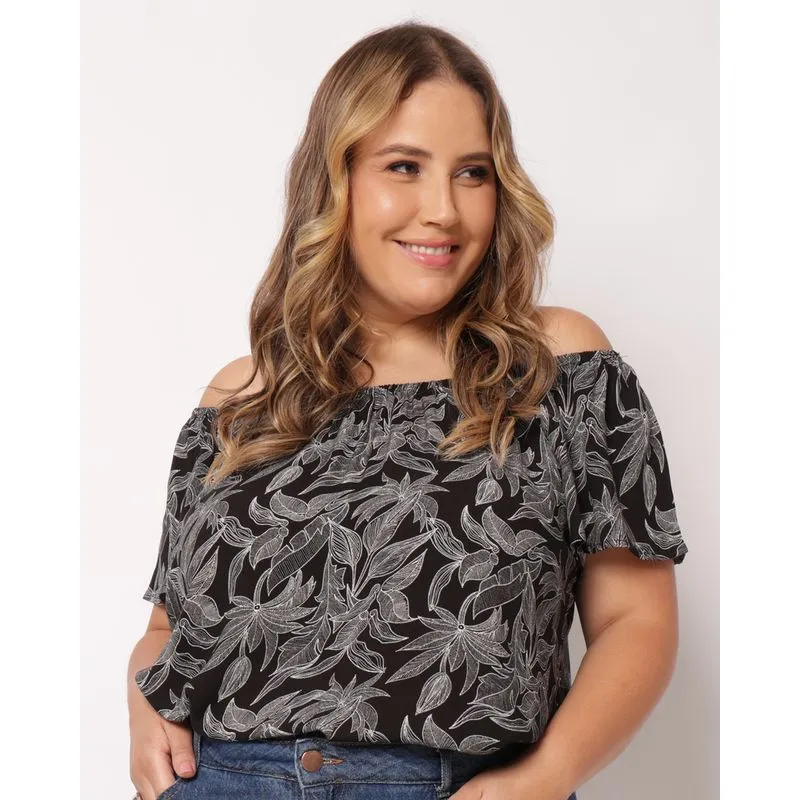 Blusa Plus Size Feminina Berry & Co. Viscose Ciganinha Preta G1