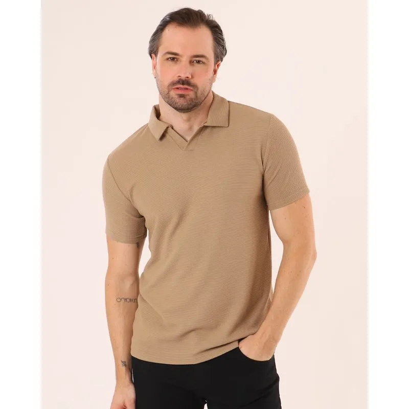 Camisa Polo Masculina Texturizada Manga Curta Bege GG