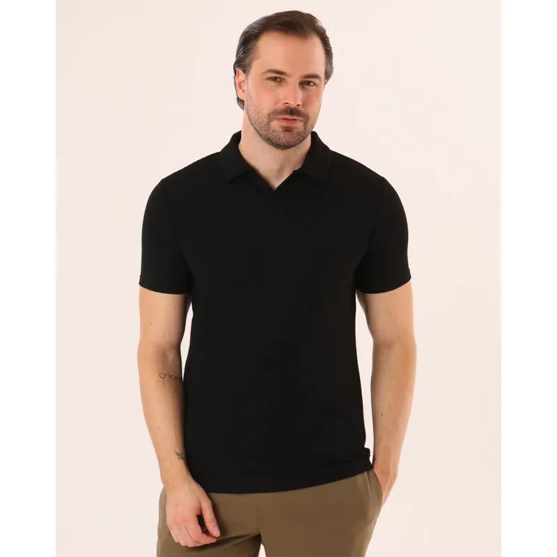 Camisa Polo Masculina Texturizada Manga Curta Preta GG