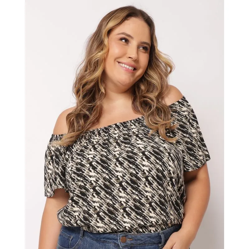 Blusa Plus Size Feminina Berry & Co. Viscose Ciganinha Estampada Preta G1