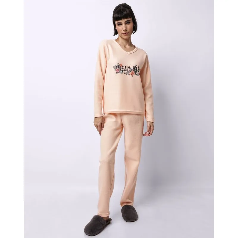 Pijama Feminino Longo Soft Estampa Frontal Flores Laranja P