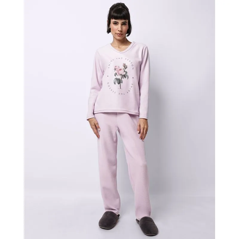 Pijama Feminino Longo Soft Estampa Frontal Flores Lilás GG