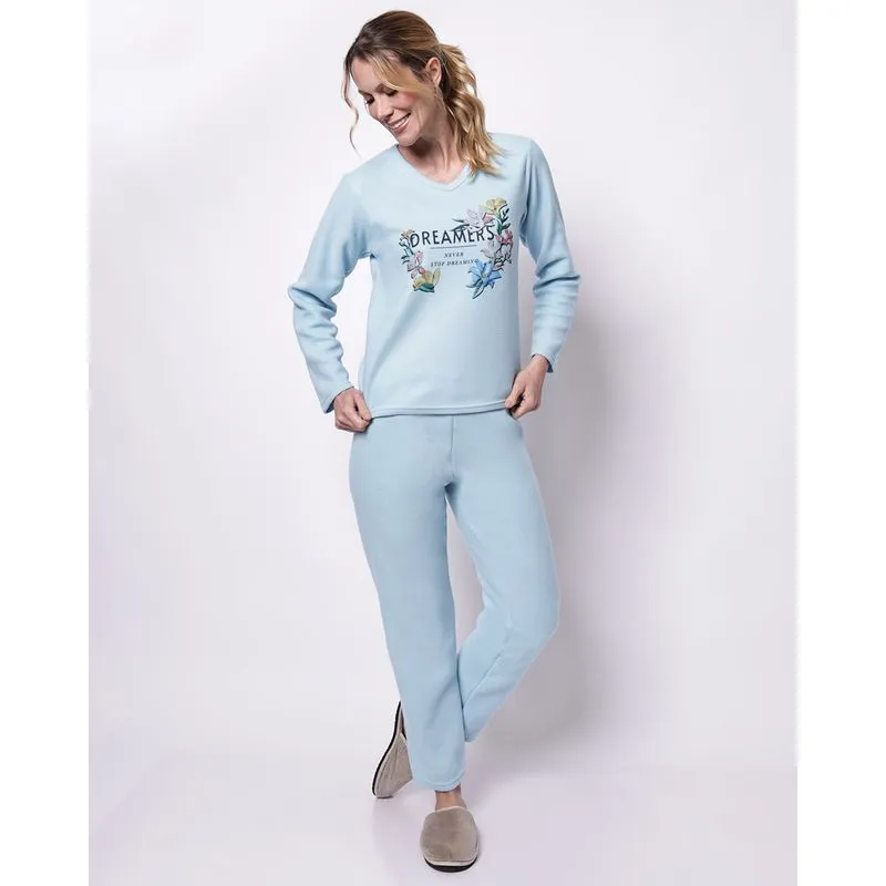 Pijama Longo Soft Feminino Estampa Frontal Azul GG
