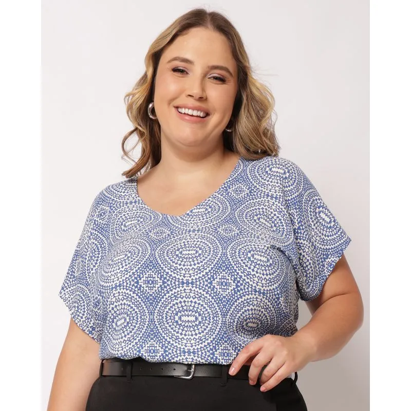 Blusa Plus Size Feminina Berry & Co. Viscose Manga Morcego Azul G1