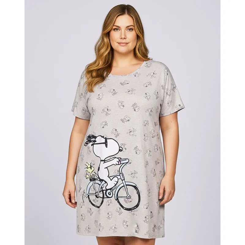 Camisola Plus Size Feminina Curta Peanuts Snoopy Cinza 48