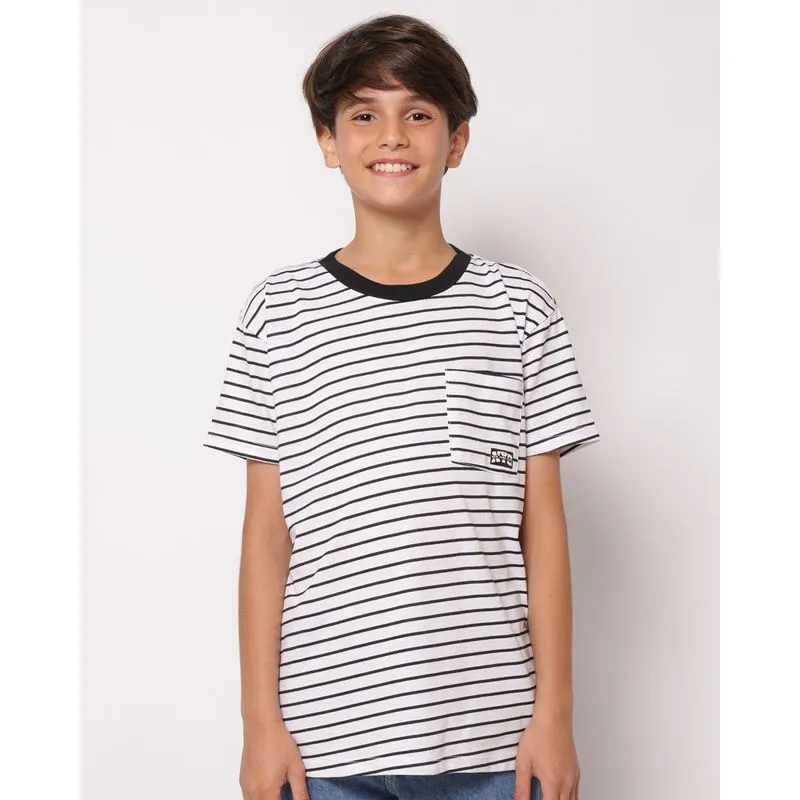 Camiseta Juvenil Listrada com Bolso Manga Curta Branca 16