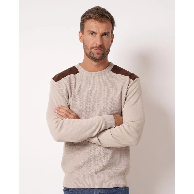 Suéter Masculino Tricô com Recorte em Suede Bege XG