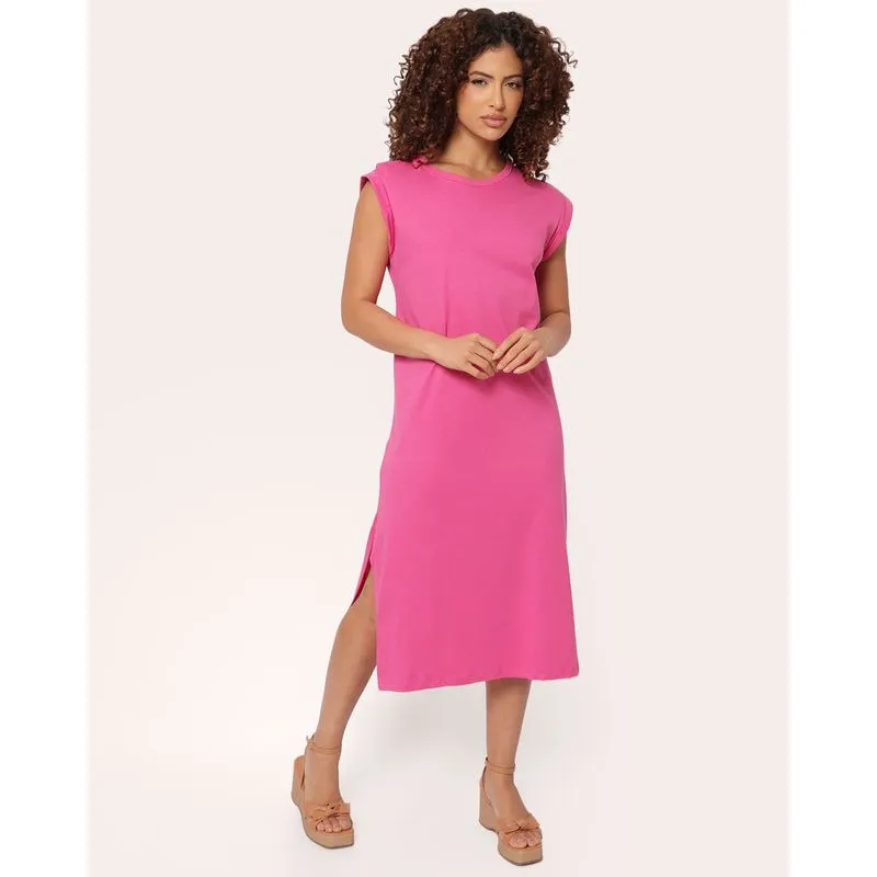 Vestido Feminino Algodão Regata Midi Com Fenda Rosa P
