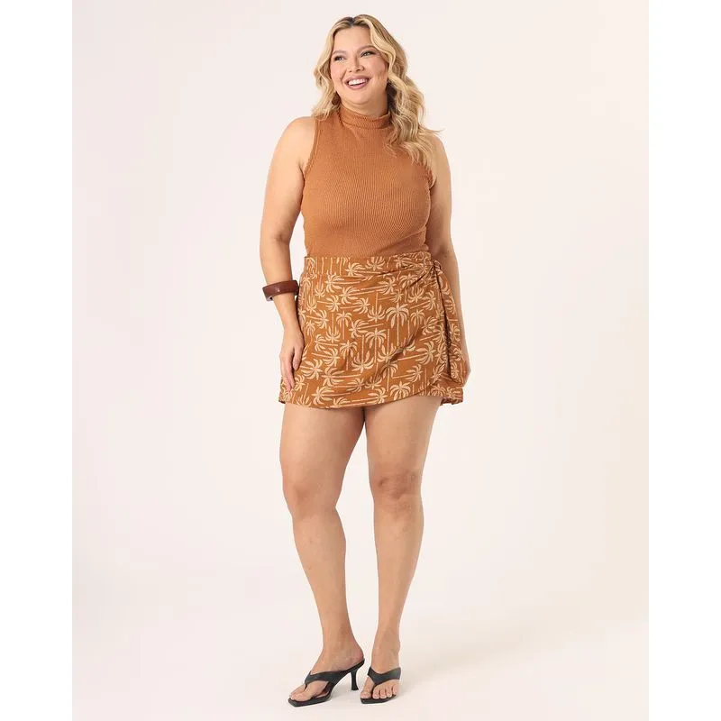 Short Saia Plus Size Feminino Estampado Bege G2